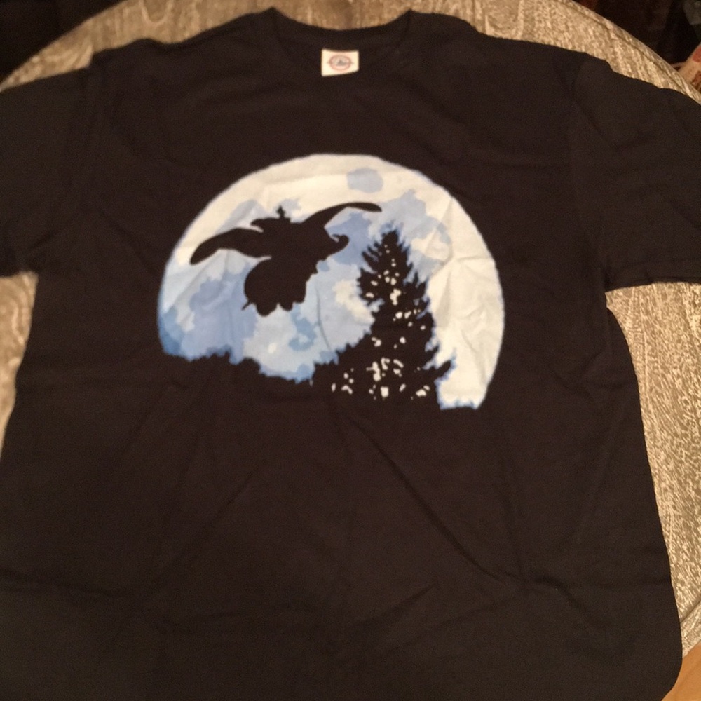 Black T-Shirt of Dumbo flying over a blue moon
